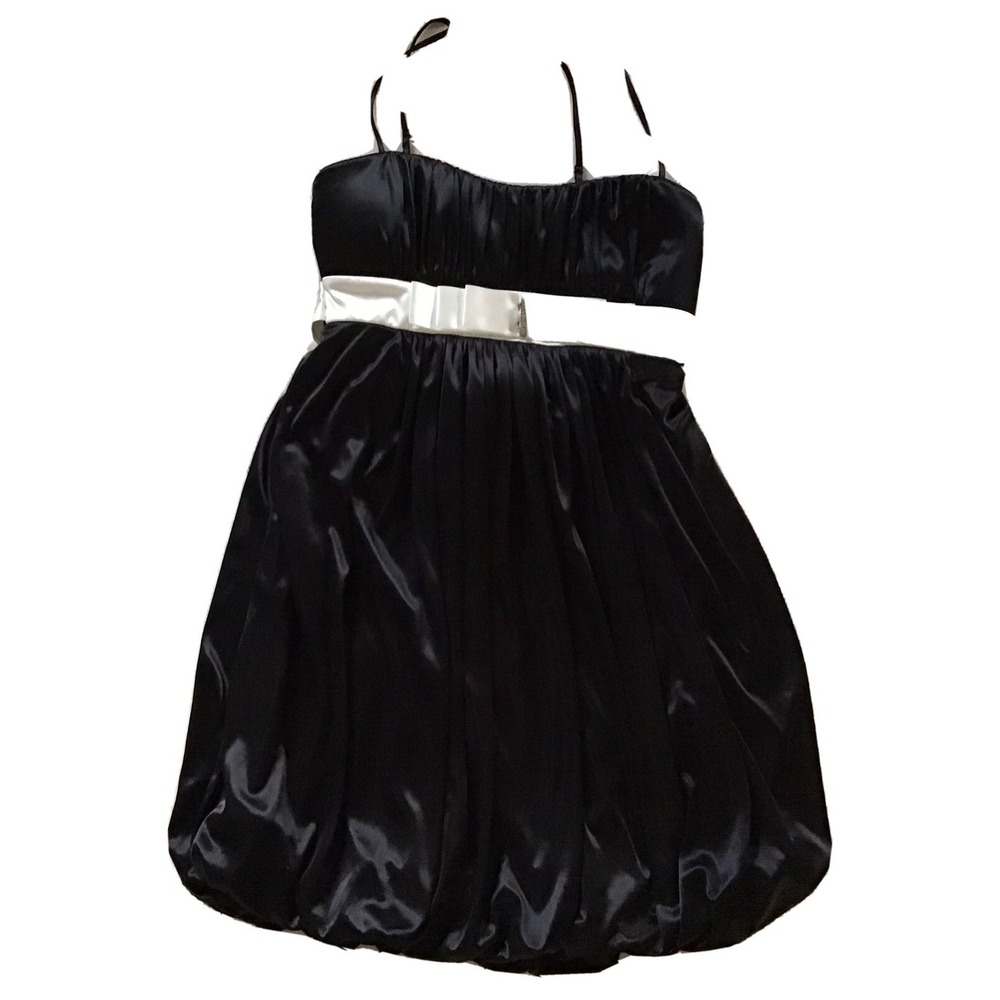 RUBY ROX M Black Satin Dress Bubble Hem Spaghetti Strap Glam Quiet Luxe Feminine - Picture 2 of 11